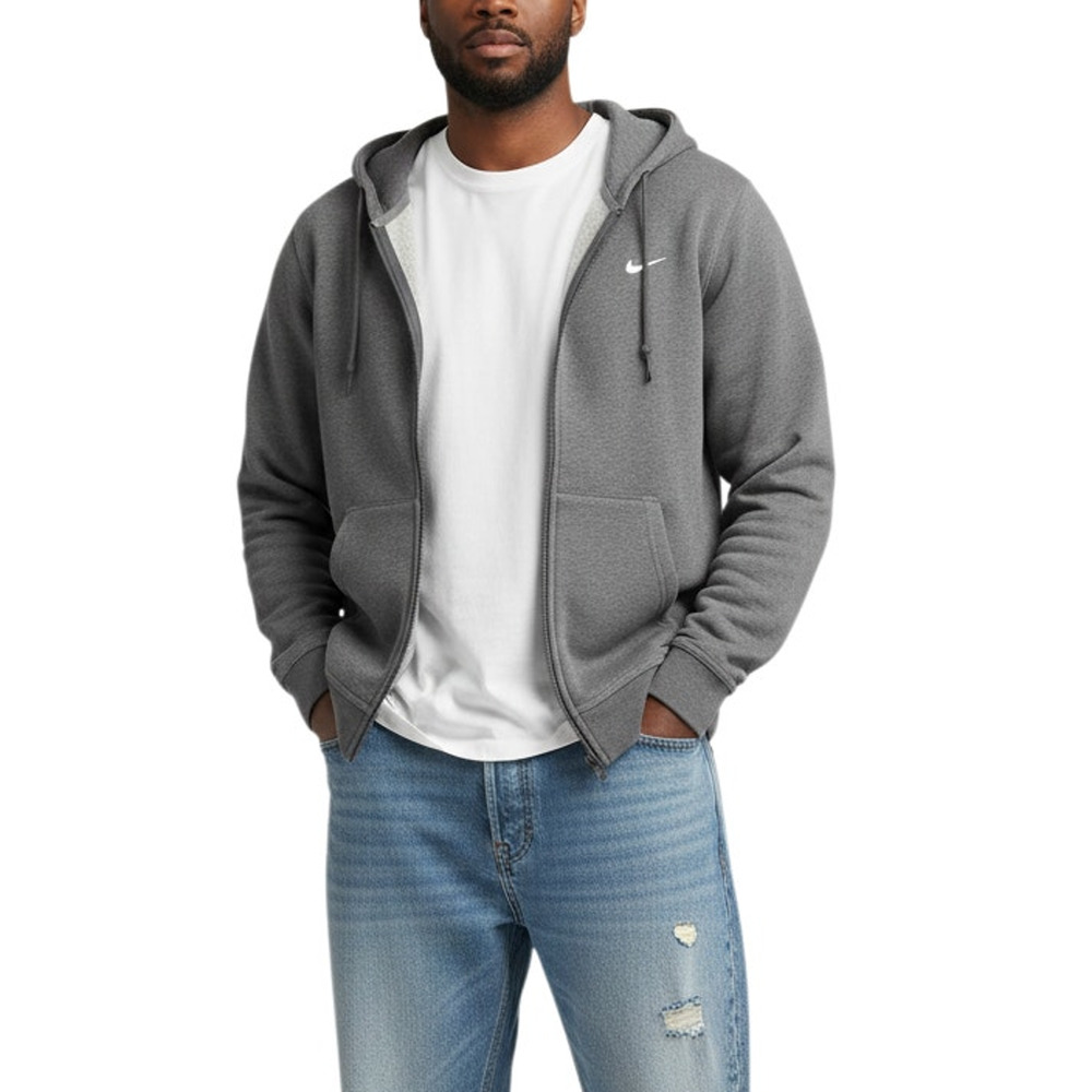 Nike Full Zip Fleece Hoodie Heather Gray Swoosh Kangaroo Pocket Mens XL
